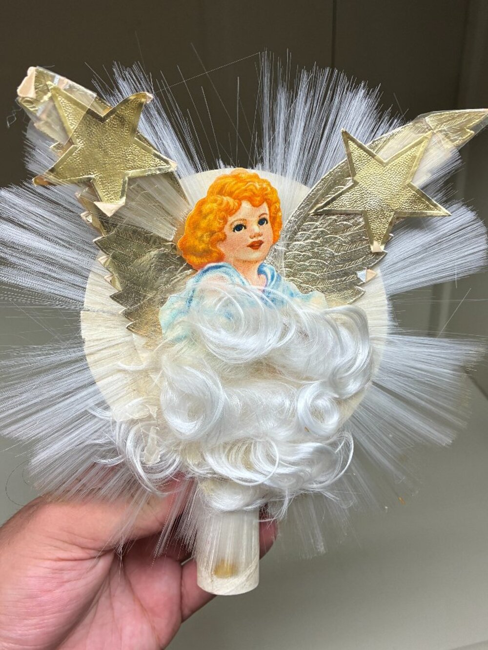 Vtg National Tinsel Spun Glass Angel Tree Topper Gold Foil Wings Christmas MCM
